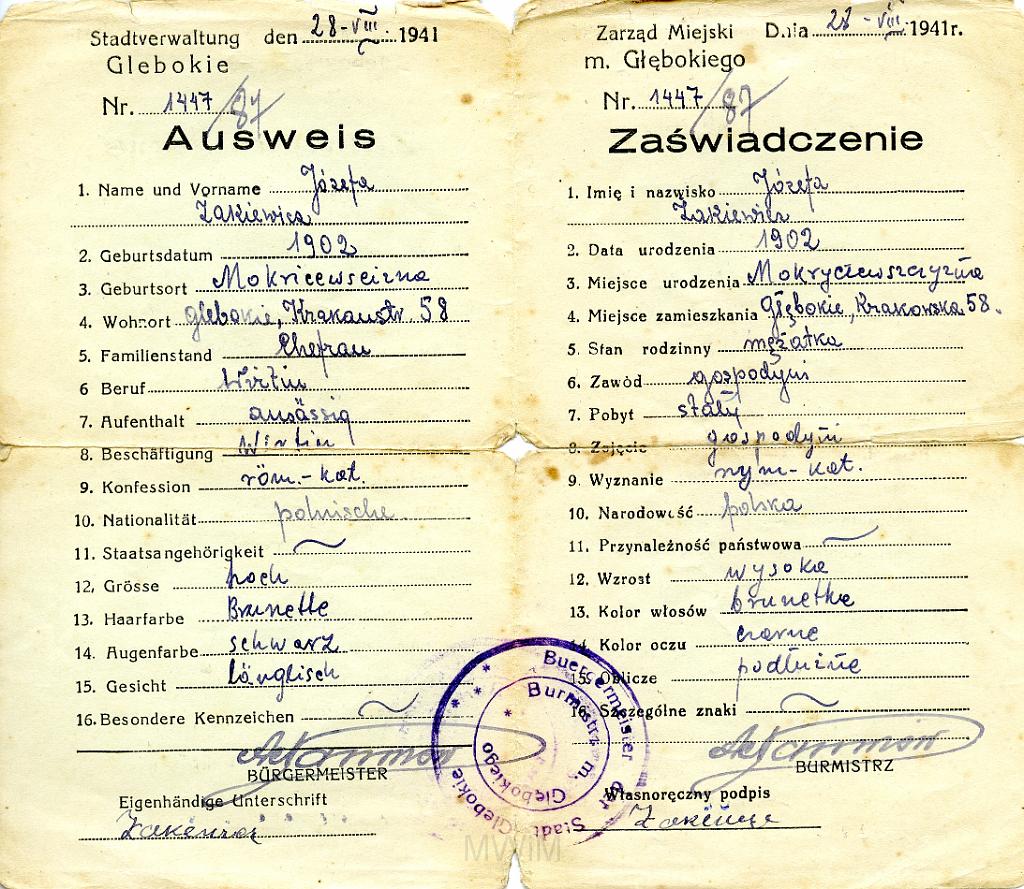 KKE 2208.jpg - Zaświadczenie (AusWeis) Polsko-Niemieckie Józefa Żakiewicz (mama Łucji Jaczewskiej), Głębokie, 22.VIII.1941 r.
